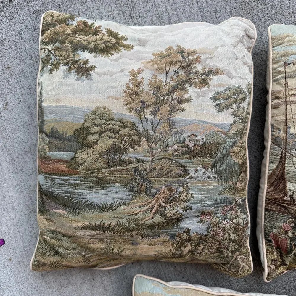 Set 5 Vintage European Tapestry Throw Pillows 16x16 Scenic Italy Decor